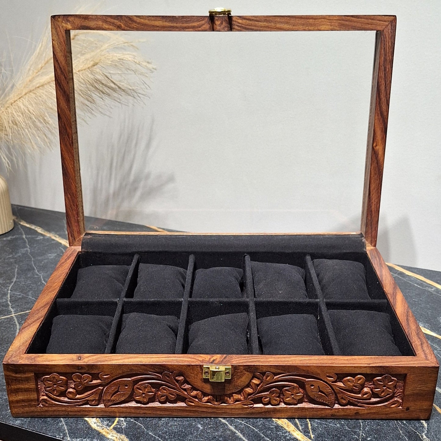 Premium Wooden Watch Box With Carving (10 slots)
