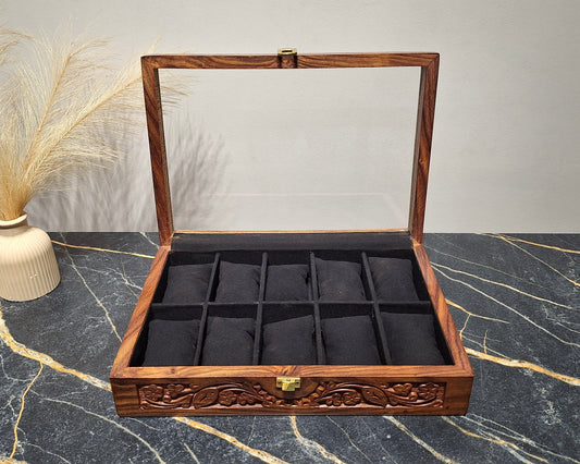 Premium Wooden Watch Box With Carving (10 slots)