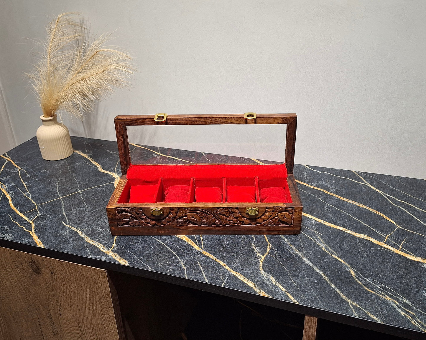 Premium Wooden Watch Box With Carving (5 slots)