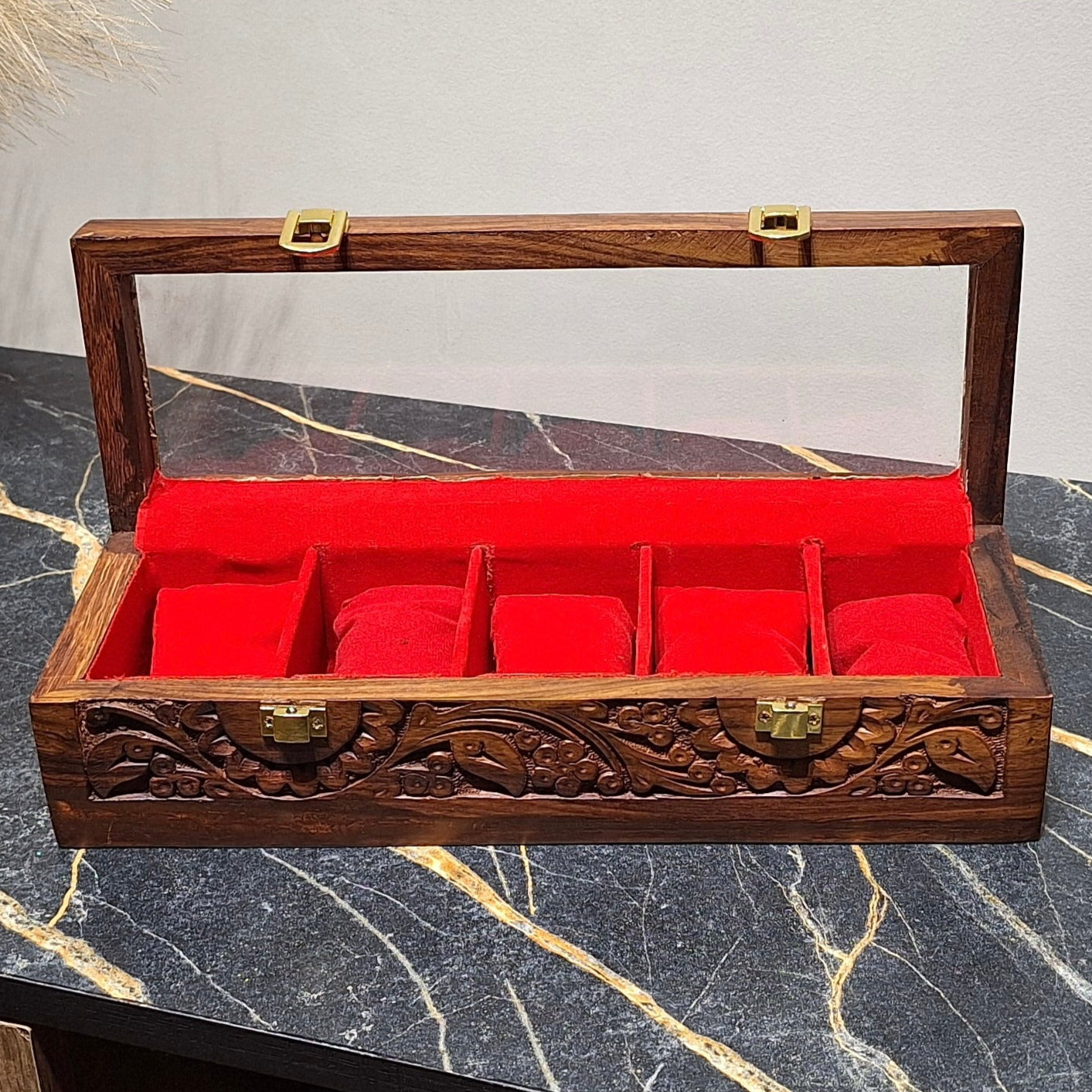 Premium Wooden Watch Box With Carving (5 slots)
